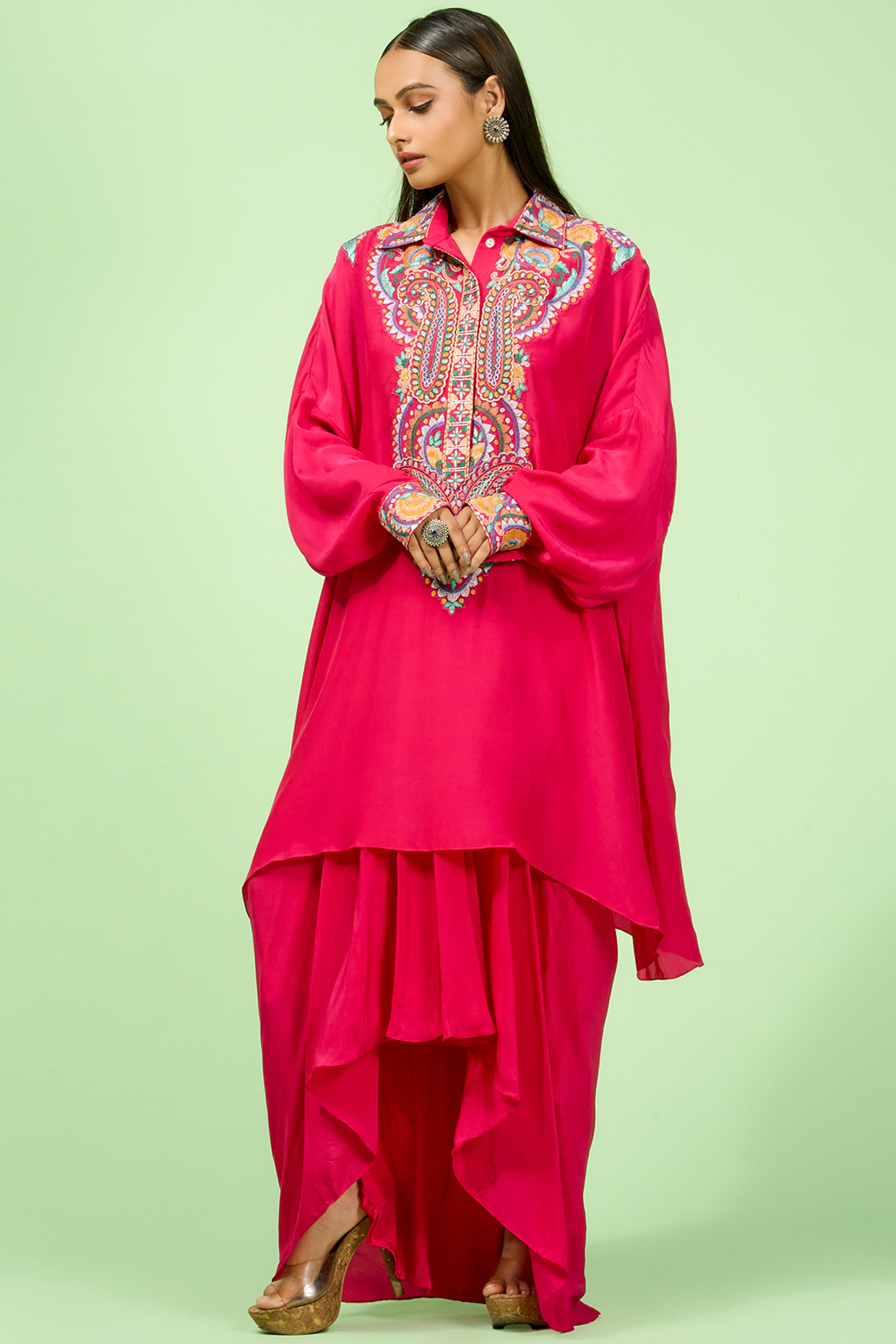 Rani Crepe Thread Embroidered Kaftan Set by Rishi & Soujit at Pernia's Pop Up Shop