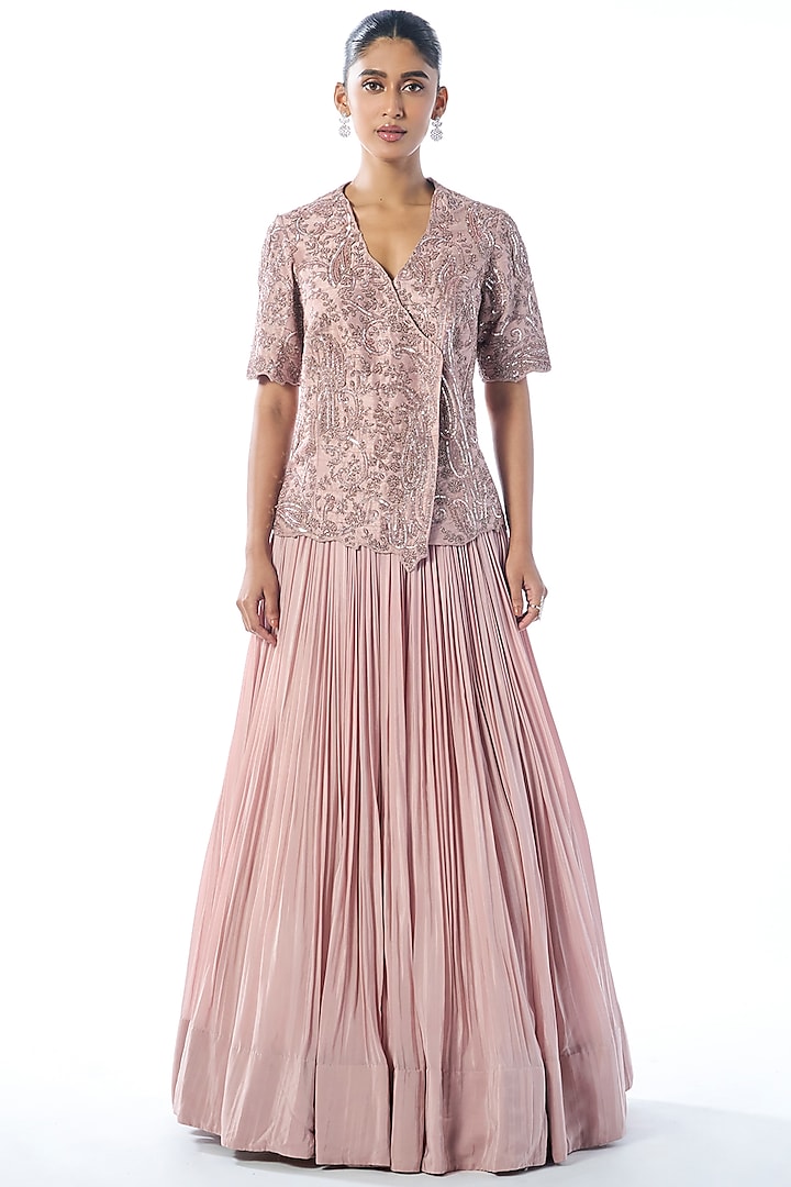 Pink Crepe Pleated Skirt Set by Rishi & Soujit at Pernia's Pop Up Shop