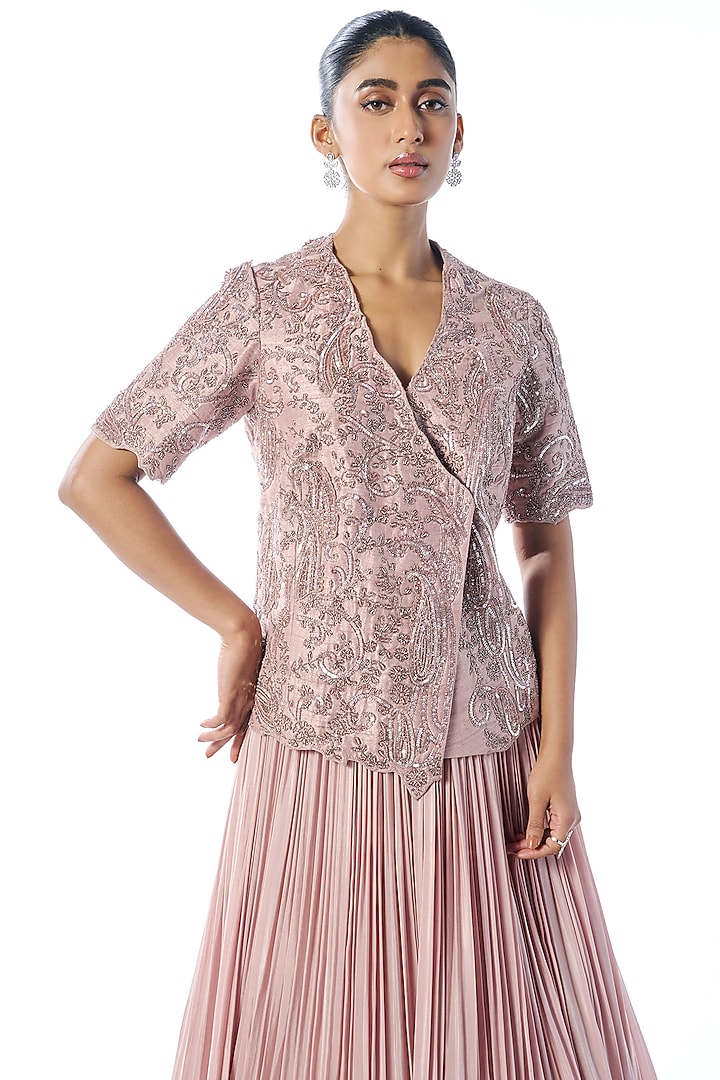 Pink Crepe Pleated Skirt Set by Rishi & Soujit at Pernia's Pop Up Shop