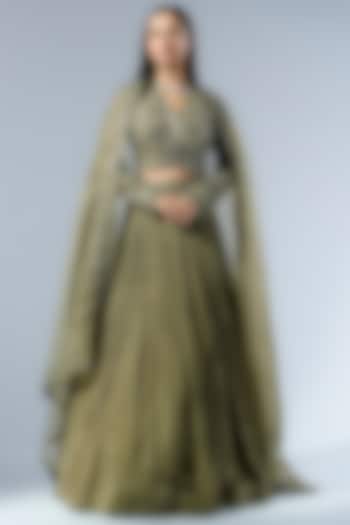 Sage Green Crepe Pleated Jacket Wedding Lehenga Set by Rishi & Soujit at Pernia's Pop Up Shop