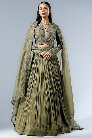 Sage Green Crepe Pleated Jacket Lehenga Set by Rishi & Soujit
