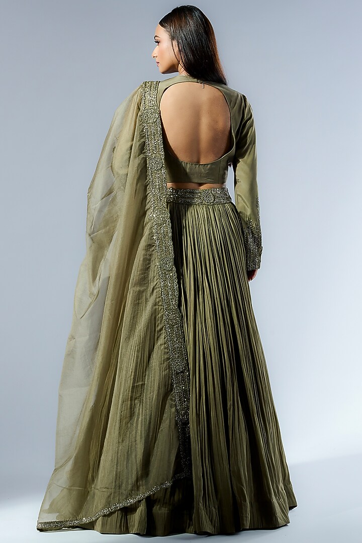 Sage Green Crepe Pleated Jacket Wedding Lehenga Set by Rishi & Soujit at Pernia's Pop Up Shop