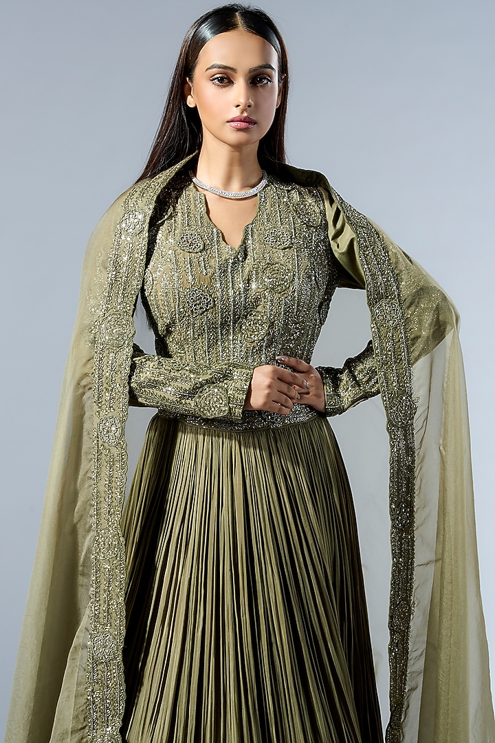 Sage Green Crepe Pleated Jacket Wedding Lehenga Set by Rishi & Soujit at Pernia's Pop Up Shop