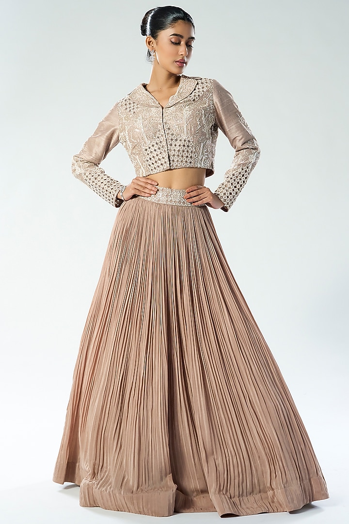 Sandrift Crepe Pleated Jacket Wedding Lehenga Set by Rishi & Soujit at Pernia's Pop Up Shop