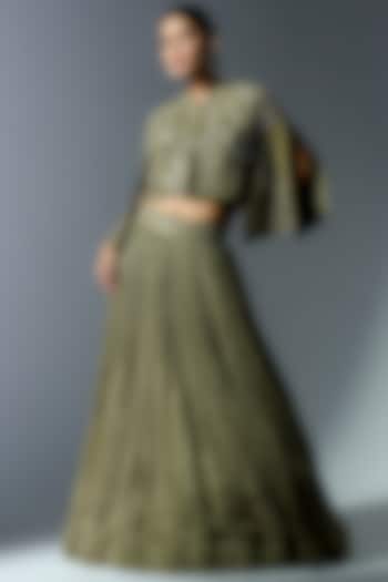 Sage Green Crepe Pleated Jacket Wedding Lehenga Set by Rishi & Soujit at Pernia's Pop Up Shop