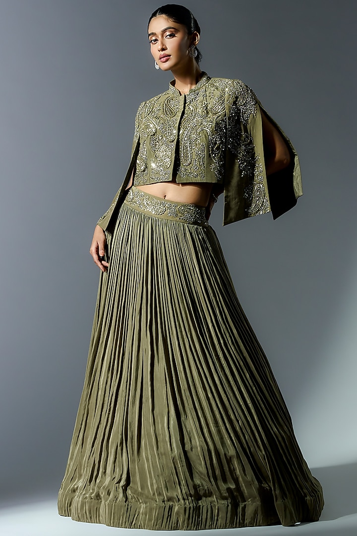 Sage Green Crepe Pleated Jacket Wedding Lehenga Set by Rishi & Soujit at Pernia's Pop Up Shop