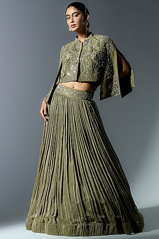 Sage Green Crepe Pleated Jacket Lehenga Set by Rishi & Soujit