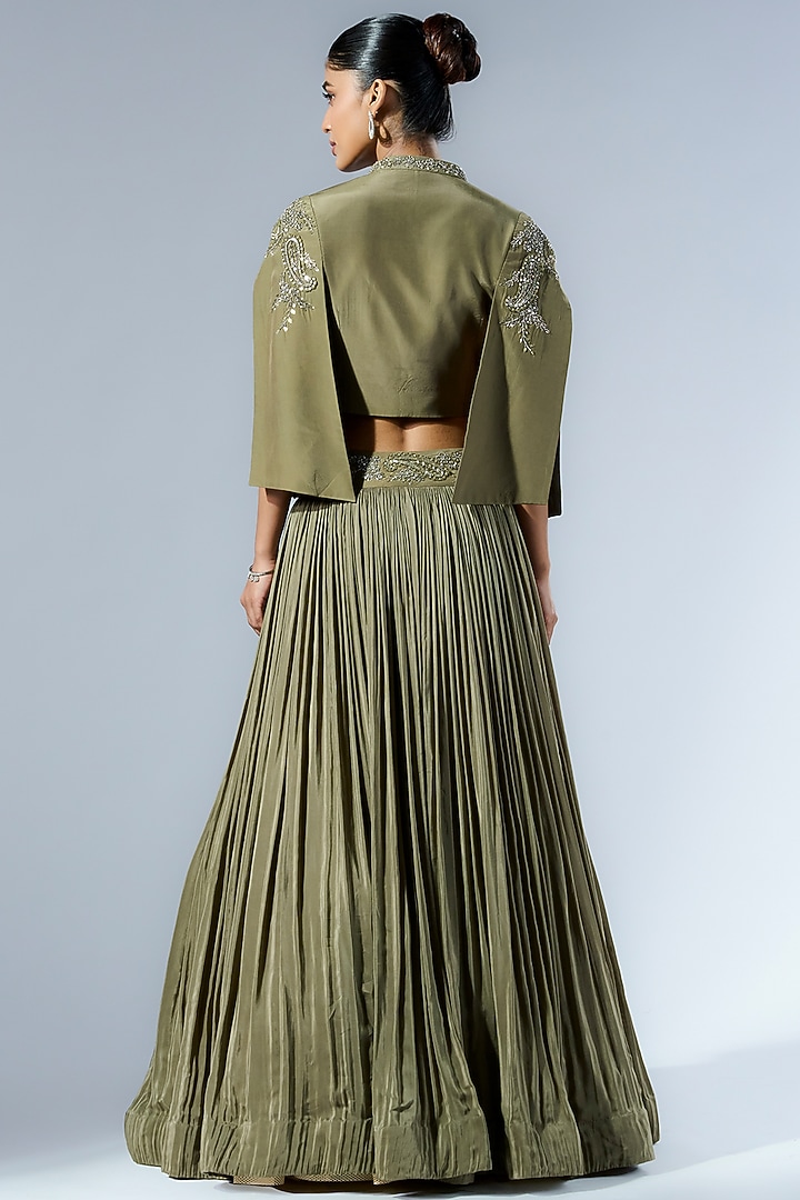 Sage Green Crepe Pleated Jacket Wedding Lehenga Set by Rishi & Soujit at Pernia's Pop Up Shop