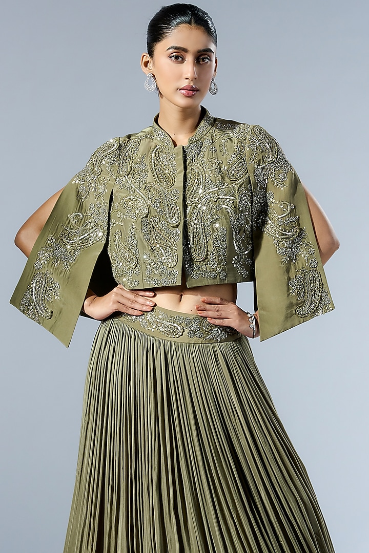 Sage Green Crepe Pleated Jacket Wedding Lehenga Set by Rishi & Soujit at Pernia's Pop Up Shop