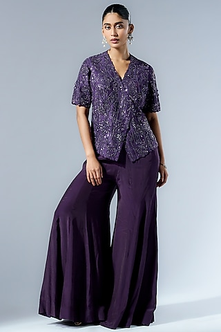 Purple Crepe Flared Pant Set by Rishi & Soujit
