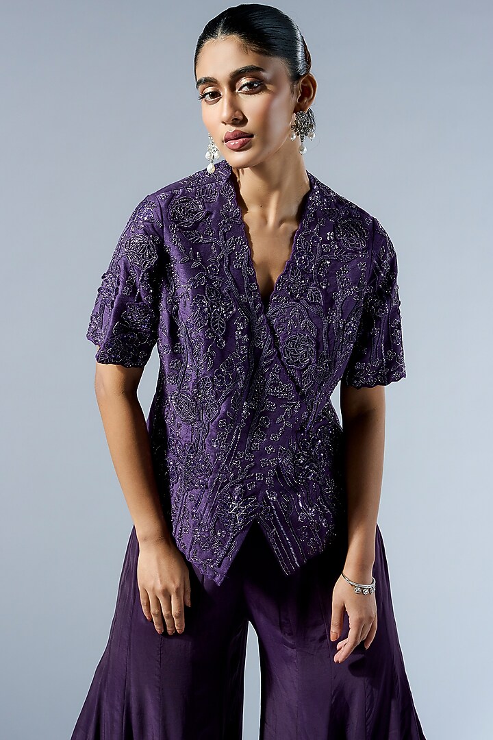 Purple Crepe Flared Pant Set by Rishi & Soujit at Pernia's Pop Up Shop