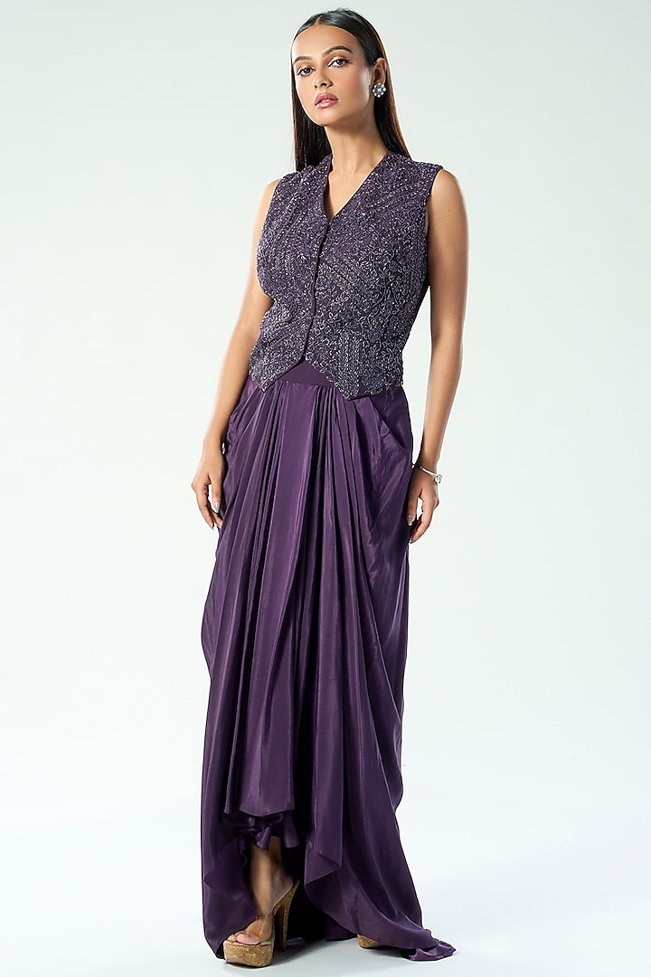 Purple Crepe Draped Skirt Set by Rishi & Soujit at Pernia's Pop Up Shop