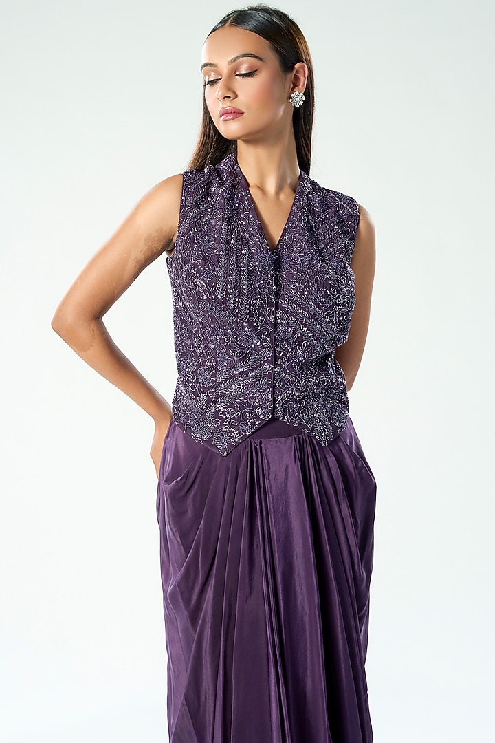 Purple Crepe Draped Skirt Set by Rishi & Soujit at Pernia's Pop Up Shop