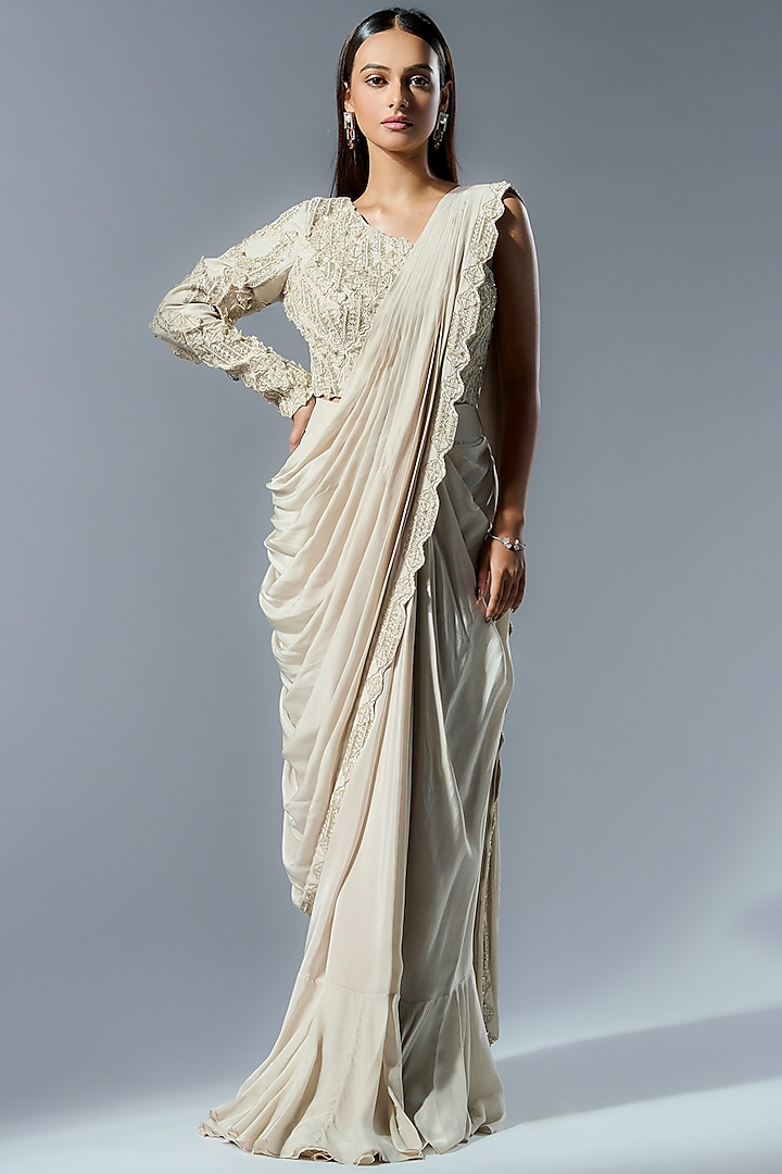 Ivory Crepe Embroidered Draped Saree Set by Rishi & Soujit at Pernia's Pop Up Shop