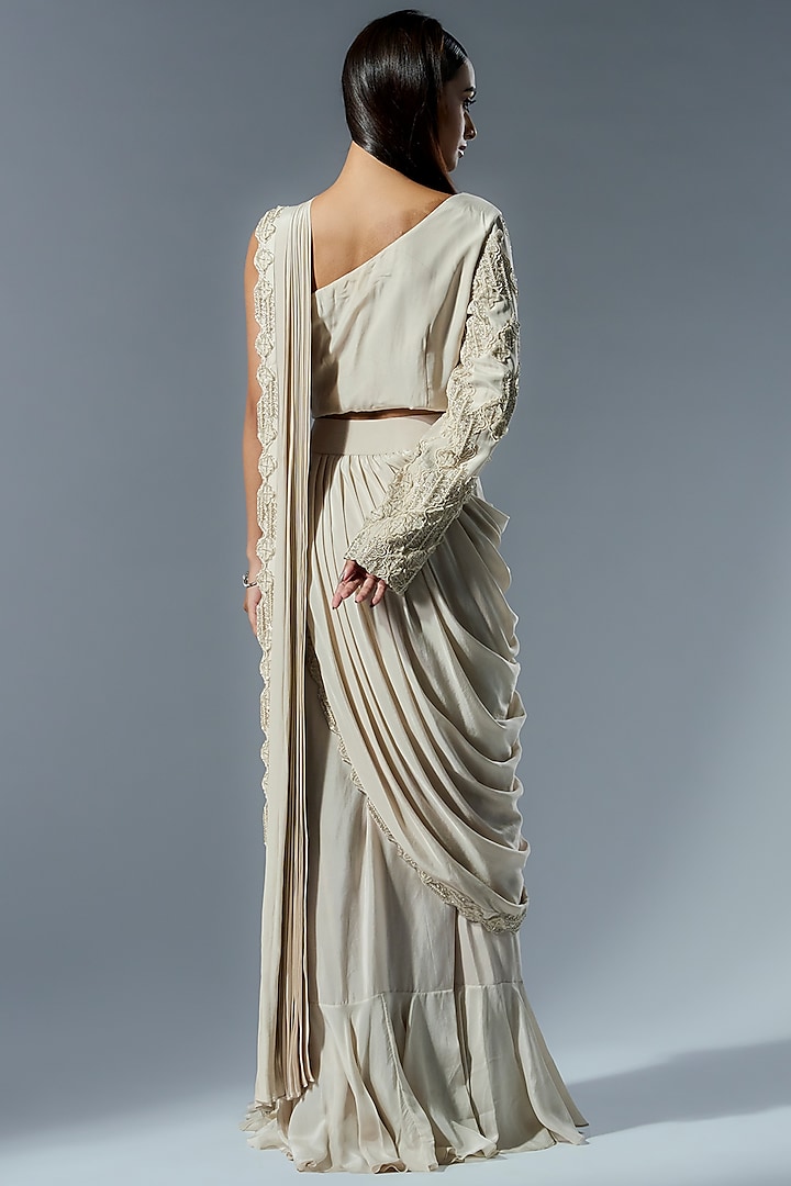 Ivory Crepe Embroidered Draped Wedding Saree Set by Rishi & Soujit at Pernia's Pop Up Shop