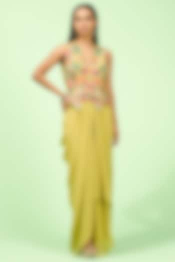 Lime Green Crepe Draped Skirt Set by Rishi & Soujit at Pernia's Pop Up Shop