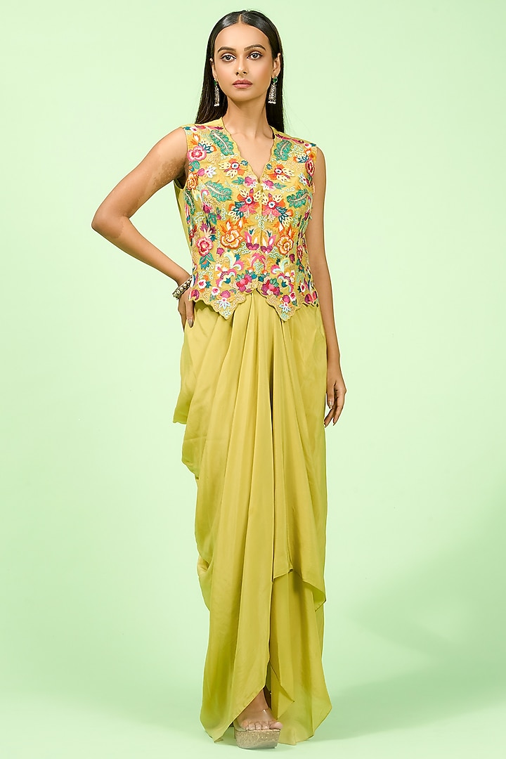 Lime Green Crepe Draped Skirt Set by Rishi & Soujit at Pernia's Pop Up Shop