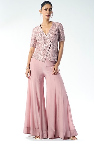 Pink Crepe Flared Pant Set by Rishi & Soujit