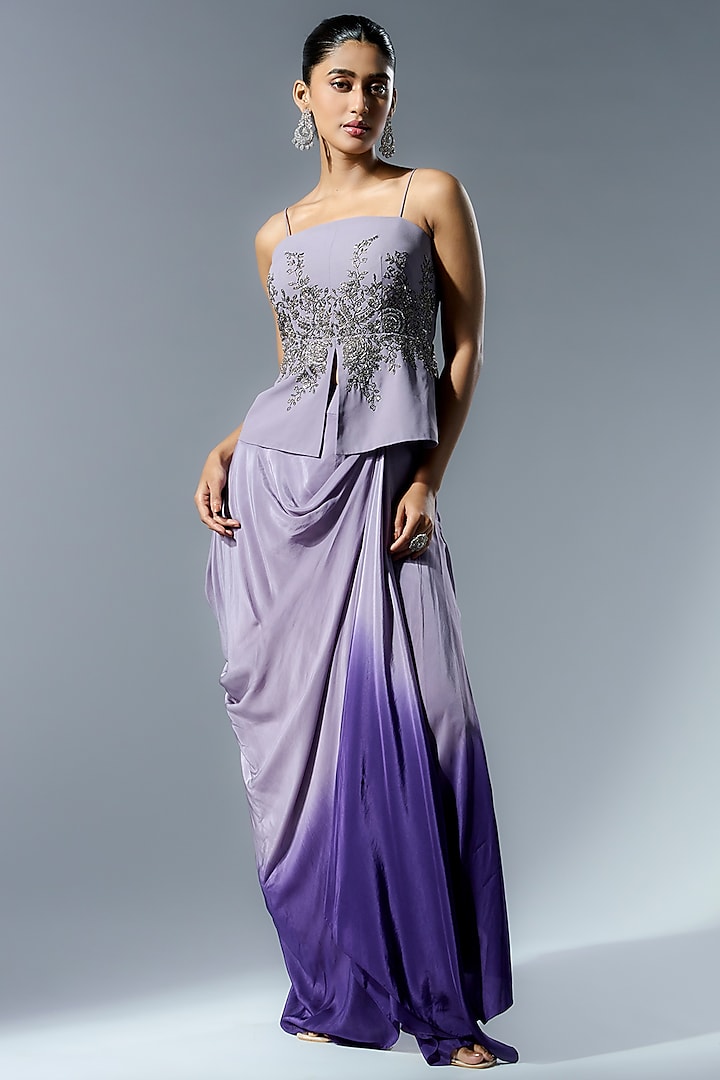 Lilac Georgette Mirror & Sequins Embroidered Shaded Draped Skirt by Rishi & Soujit at Pernia's Pop Up Shop