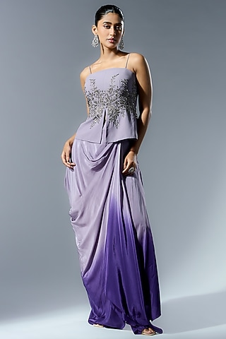 Lilac Georgette Mirror & Sequins Embroidered Shaded Draped Skirt by Rishi & Soujit