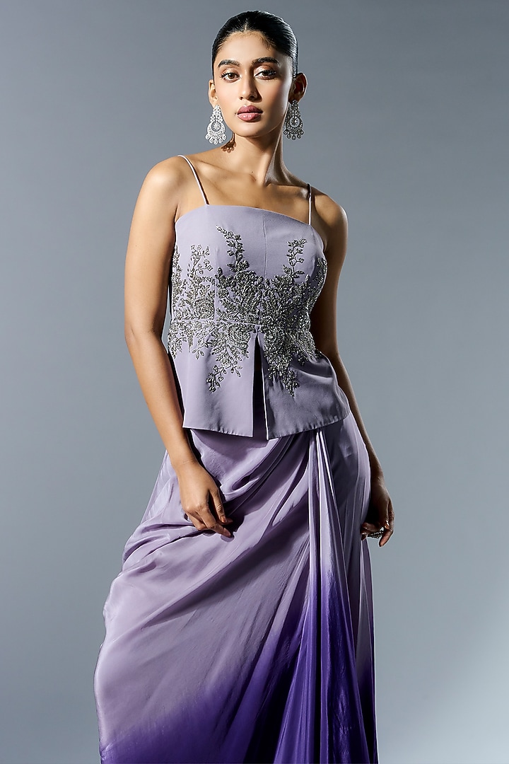 Lilac Georgette Mirror & Sequins Embroidered Shaded Draped Skirt by Rishi & Soujit at Pernia's Pop Up Shop