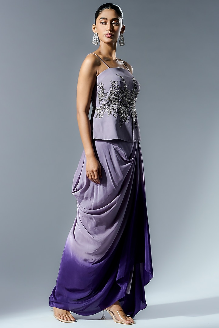 Lilac Georgette Mirror & Sequins Embroidered Shaded Draped Skirt by Rishi & Soujit at Pernia's Pop Up Shop