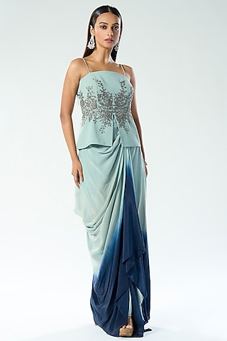 Dusky Blue Georgette Mirror & Sequins Embroidered Shaded Draped Skirt by Rishi & Soujit