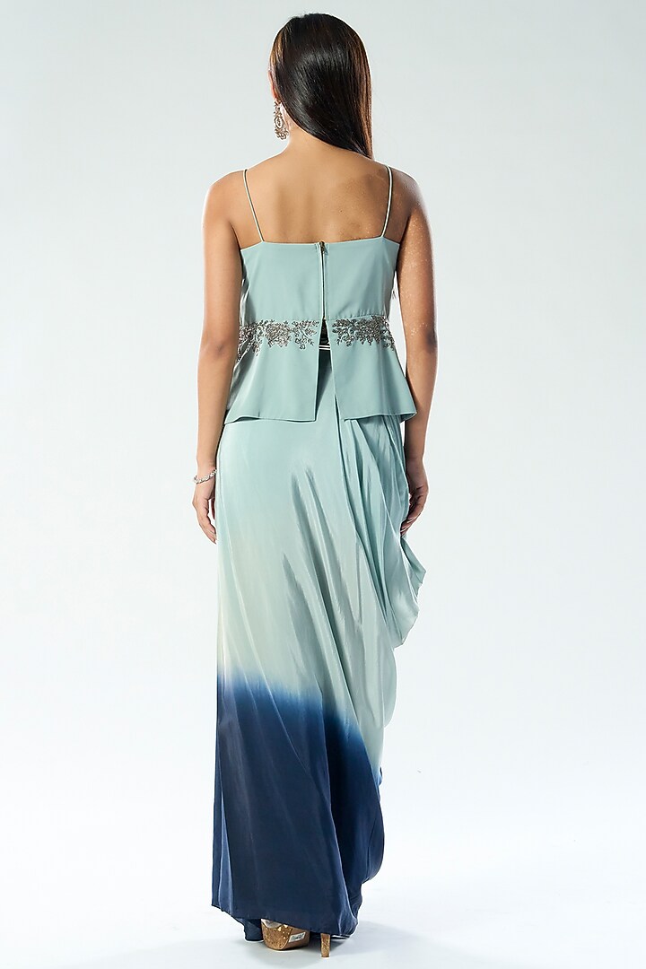 Dusky Blue Georgette Mirror & Sequins Embroidered Shaded Draped Skirt by Rishi & Soujit at Pernia's Pop Up Shop