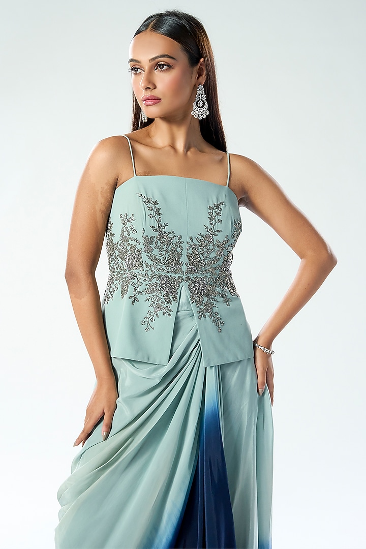 Dusky Blue Georgette Mirror & Sequins Embroidered Shaded Draped Skirt by Rishi & Soujit at Pernia's Pop Up Shop