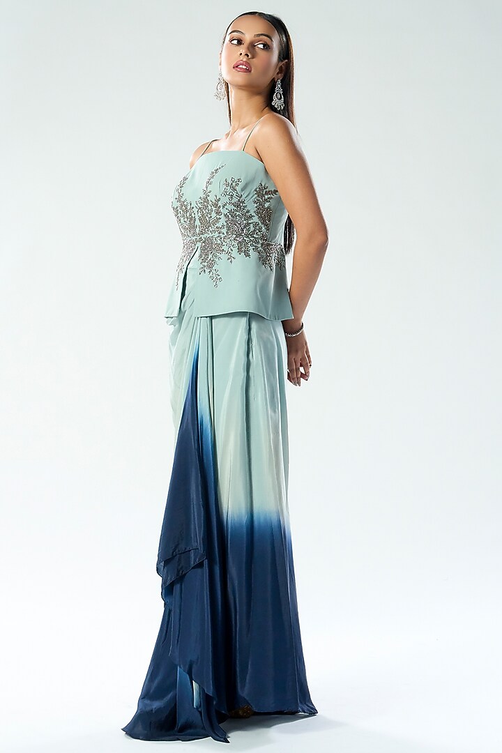 Dusky Blue Georgette Mirror & Sequins Embroidered Shaded Draped Skirt by Rishi & Soujit at Pernia's Pop Up Shop