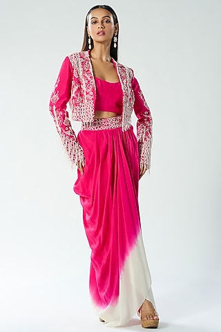 Rani Crepe Beads Embroidered Shaded Draped Skirt Set by Rishi & Soujit