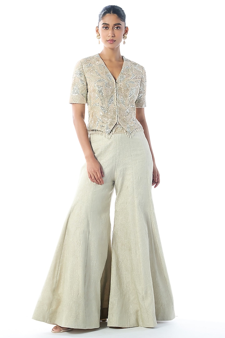 Silver Grey Tissue Cutdana & Sequins Embroidered Flared Sharara Set by Rishi & Soujit at Pernia's Pop Up Shop