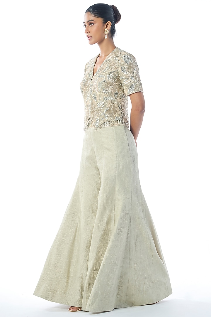 Silver Grey Tissue Cutdana & Sequins Embroidered Flared Wedding Sharara Set by Rishi & Soujit at Pernia's Pop Up Shop