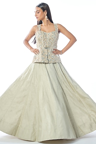 Silver Grey Tissue Cutdana & Sequins Embroidered Lehenga Set by Rishi & Soujit