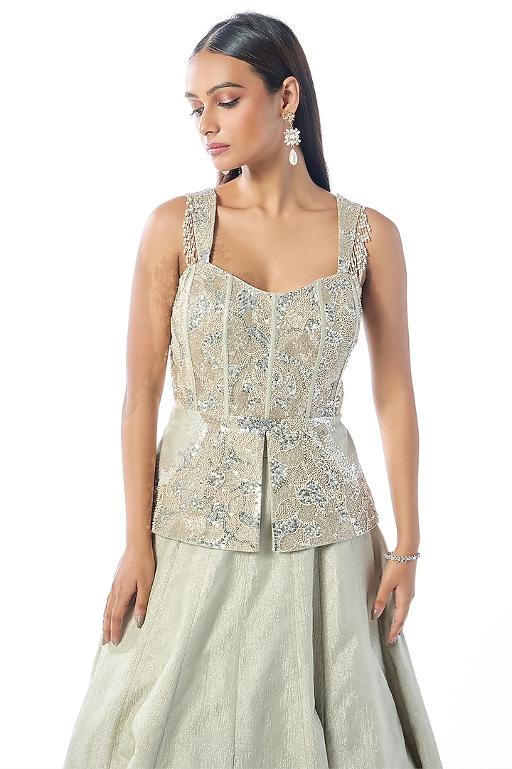Silver Grey Tissue Cutdana & Sequins Embroidered Wedding Lehenga Set by Rishi & Soujit at Pernia's Pop Up Shop