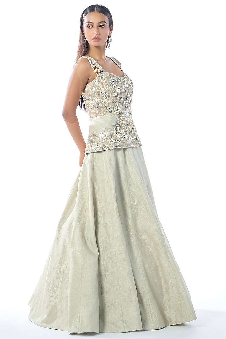Silver Grey Tissue Cutdana & Sequins Embroidered Wedding Lehenga Set by Rishi & Soujit at Pernia's Pop Up Shop