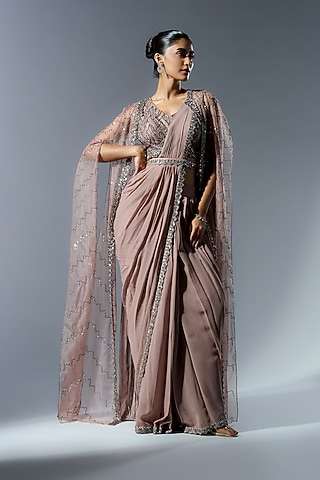 Sandrift Georgette Cutdana Embroidered Draped Skirt Saree Set by Rishi & Soujit