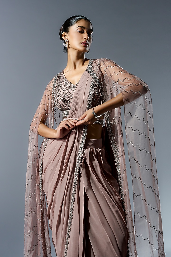 Sandrift Georgette Cutdana Embroidered Draped Skirt Wedding Saree Set by Rishi & Soujit at Pernia's Pop Up Shop