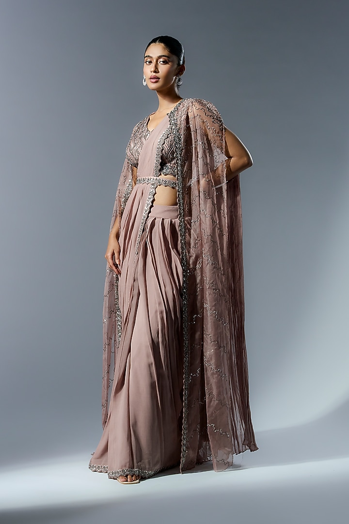 Sandrift Georgette Cutdana Embroidered Draped Skirt Wedding Saree Set by Rishi & Soujit at Pernia's Pop Up Shop