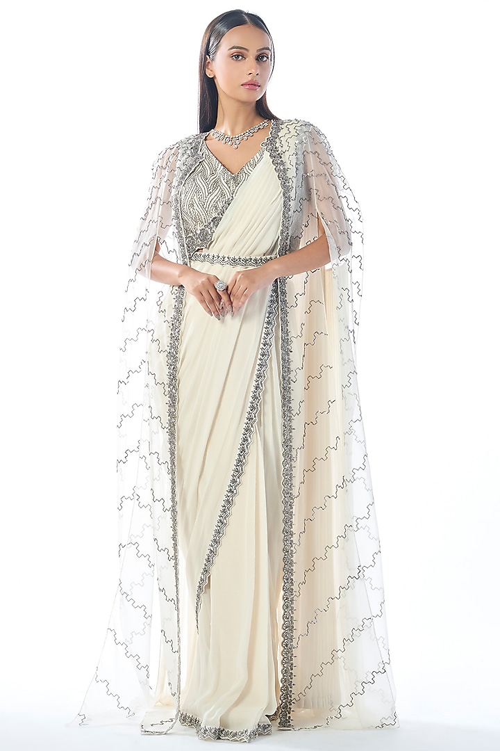 Ivory Georgette Cutdana Embroidered Draped Skirt Saree Set by Rishi & Soujit at Pernia's Pop Up Shop