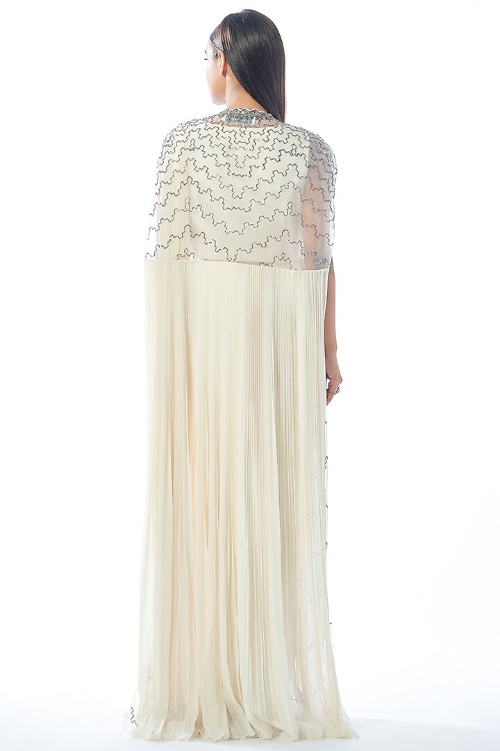 Ivory Georgette Cutdana Embroidered Draped Skirt Wedding Saree Set by Rishi & Soujit at Pernia's Pop Up Shop