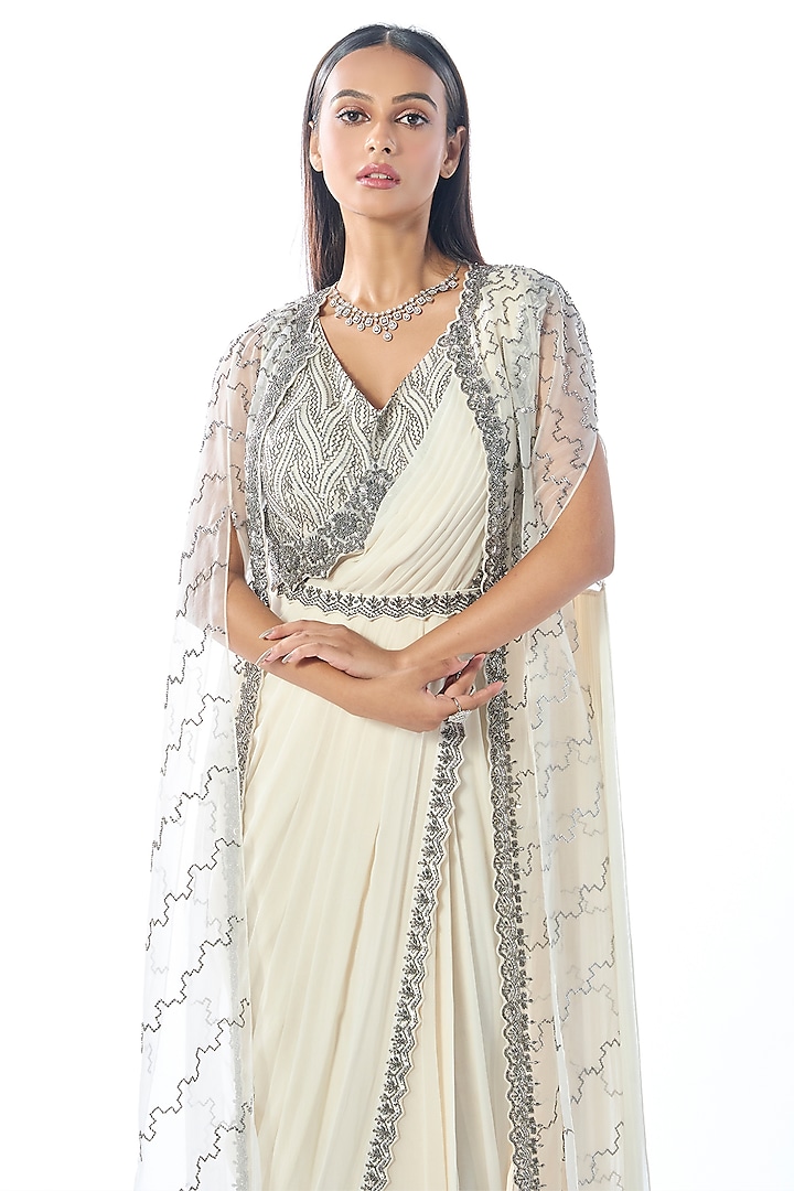 Ivory Georgette Cutdana Embroidered Draped Skirt Wedding Saree Set by Rishi & Soujit at Pernia's Pop Up Shop