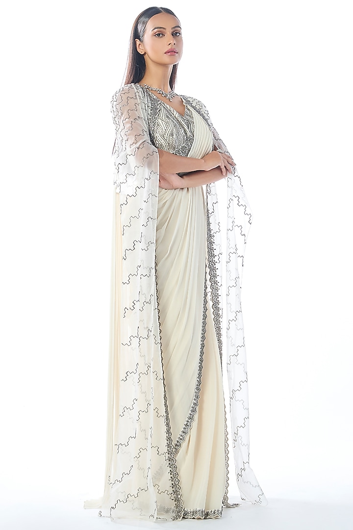 Ivory Georgette Cutdana Embroidered Draped Skirt Wedding Saree Set by Rishi & Soujit at Pernia's Pop Up Shop
