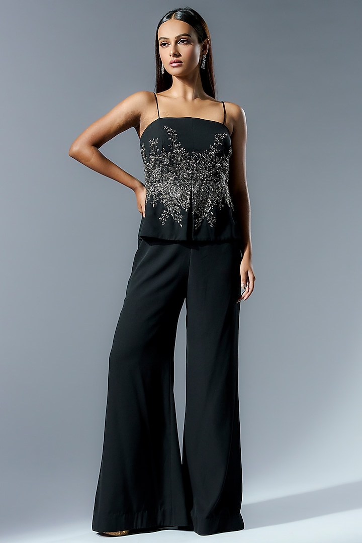 Black Georgette Cutdana & Sequins Embroidered Flared Pant Set by Rishi & Soujit at Pernia's Pop Up Shop