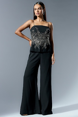 Black Georgette Cutdana & Sequins Embroidered Flared Pant Set by Rishi & Soujit