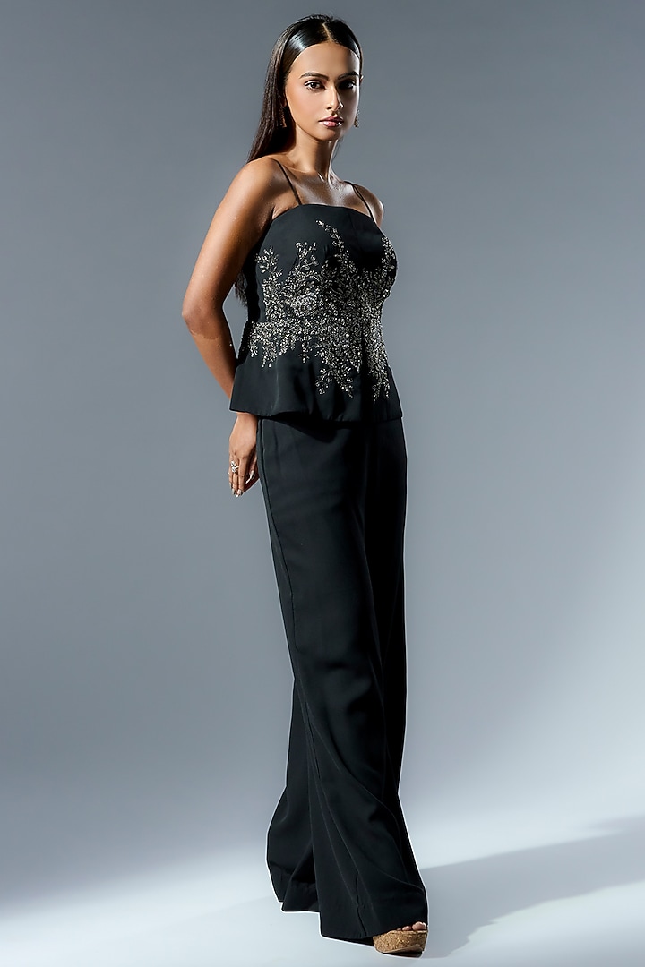 Black Georgette Cutdana & Sequins Embroidered Flared Pant Set by Rishi & Soujit at Pernia's Pop Up Shop