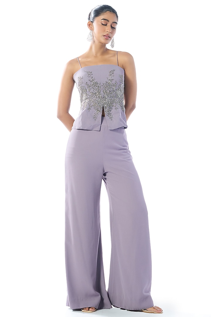 Lilac Georgette Cutdana & Sequins Embroidered Flared Pant Set by Rishi & Soujit at Pernia's Pop Up Shop