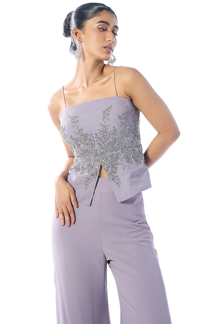 Lilac Georgette Cutdana & Sequins Embroidered Flared Pant Set by Rishi & Soujit at Pernia's Pop Up Shop