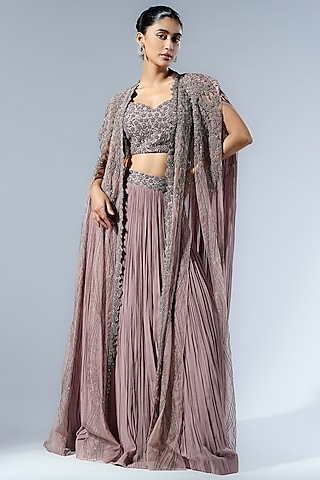 Sandrift Georgette Cutdana & Beads Embroidered Jacket Lehenga Set by Rishi & Soujit