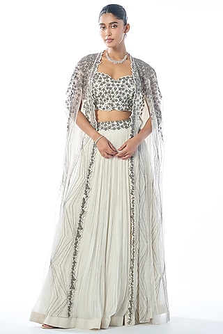 Ivory Georgette Cutdana & Beads Embroidered Jacket Lehenga Set by Rishi & Soujit